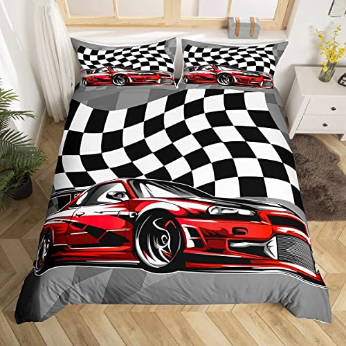 Rennwagen-Bettwäsche-Set, roter Sportwagen-Bettbezug für Jungen und Mädchen, 2-teilig, für Kinder, Teenager, Rückseite weiß, kariert, Mikrofaser, Bettbezug mit 2 Kissenbezügen (Doppel)