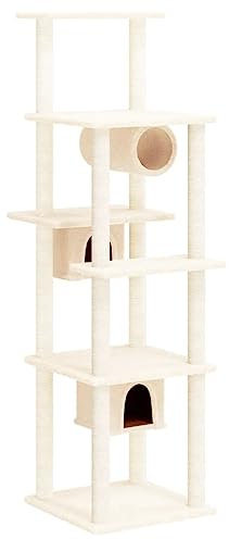 'vidaXL Multi-Level Cat Tree- Engineered Wood and Plush Material, with Sisal Scratching Posts and Spacious Hideaways, in Cream- 169 cm High Scratch Tower
