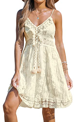 CUPSHE Robe d'été pour Femme Boho Maxi à Lacets avec Pompon col en V évasé à Volants Robes de Plage Beige-Mini XL