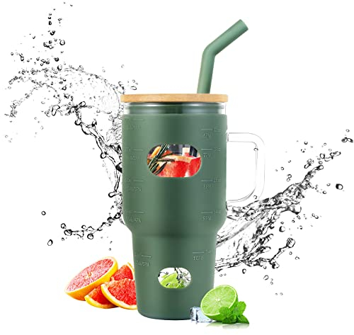 WINBBY 32oz Glass Tumbler - Tumbler with Bamboo Lid and Straw - Reusable Coffee Tumbler with Silicone Sleeve, Boba Smoothie Cup - BPA Free, Water Bottle with Handle - Fits in Cup Holder, Spill Proof…