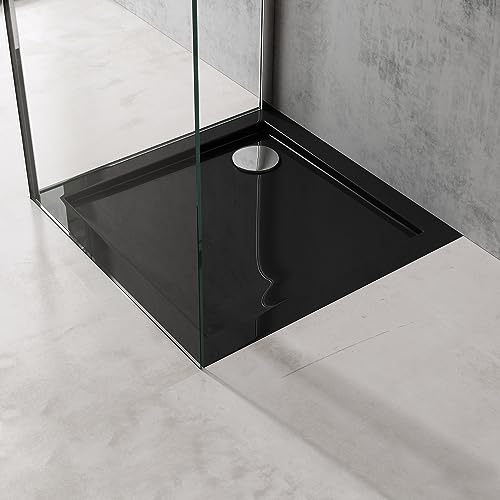 doporro Plato de ducha para mamparas de ducha Faro1W 75x75x4 plano incl. juego de desagüe acrílico en negro Conexiones DIN cuadradas aptas para instalación a ras de suelo Faro1