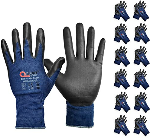 QEARSAFETY 12 Prs General Purpose Work Safety Gloves, Seamless Liner Palm Abrasion and Breathable Nitrile Rubber Coated, Grip, Touch Screen,Dark Blue, Size 9/L