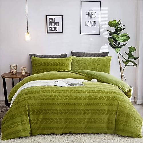 Freyamy Plüsch Jacquard Bettwäsche 135x200 4Teilig Grün Flanell Flauschige Winterbettwäsche Samt Biber Cashmere Touch Wendebettwäsche Winter Warme Bettwäsche mit 2 Bettbezug und 2 Kissenbezug