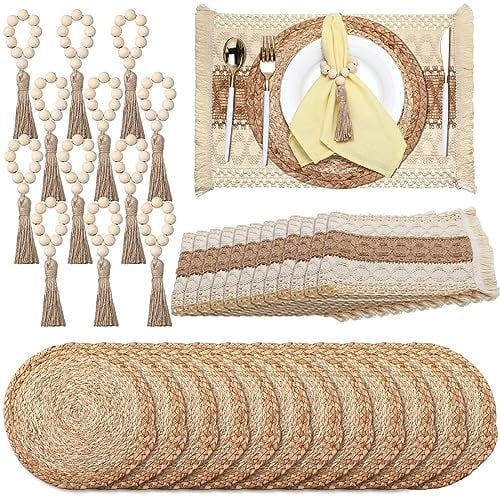 Zhehao 12 Set Boho Placemats Natural Cotton Burlap and Grass Woven Table Mats Trim Farmhouse Style Placemats with Tassels Wooden Beads Napkin Rings for Table Kitchen