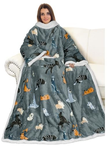 Catalonia Classy Flauschig Kuscheldecke mit Ärmeln Warm Weihnachten Geschenk für Frauen Herren, Flauschige Sherpa Tragbare Decke mit Ärmeln, Wohndecke zum Anziehen Erwachsene, 185 x 140 cm Hund Grau