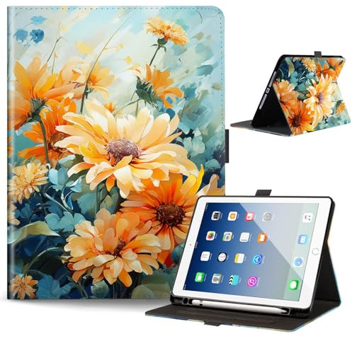 Anpredo Hülle für iPad 9/8/7 Gen 10.2 Zoll mit Stifthalter, Auto Wake/Sleep, Magnetverschluss, Abdeckung für Apple iPad 9./8./7. 2021/2020/2019, Chrysantheme
