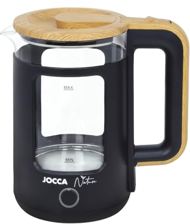 Jocca - Hervidor de agua eléctrico 1,8 L con base giratoria 360° | Cristal borosilicato | Desconexión automática | Indicador luminoso | 1500 W | Diseño Nature negro