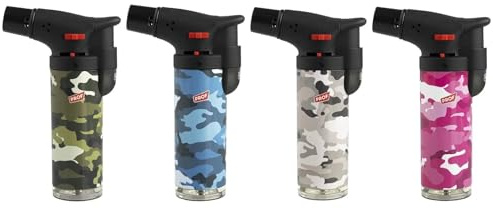 DISPAU Soplete De Cocina Militar, Profesional Antorcha Butano Encendedor Mechero, Recargable, con Bloqueo de Seguridad & Llama Ajustable para barbacóa Crema Cámping (Gas precargado) (Pack x4)