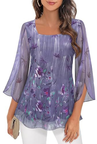 Syphiby Chemisier à volants à manches 3/4 pour femme - Haut ample et fluide en mousseline de soie - Double couche - Tailles M-3XL, Élégant motif floral violet, XXL