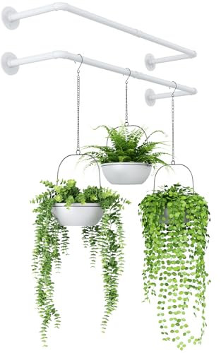 Bamworld Hanging Planters 2PCS for Indoor Plants Hanging Plant Holder Plant Hanger Indoor Ceiling Window Plant Shelves Wall Mount Black Metal Rod(Pot&Plant Not Included) White
