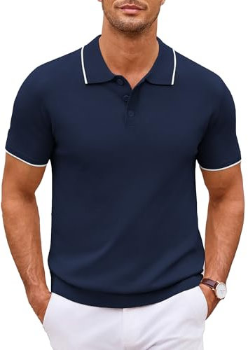 COOFANDY Men's Knitted Polo Shirts Short Sleeve Knitt Summer Poloshirts Basic Golf Polo T-Shirts Stretch Navy Blue (White Striped) M