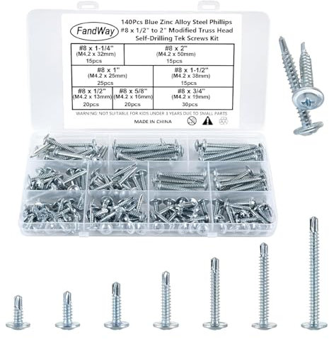 FandWay 140Pcs Self Tapping Screws for Metal,M4.2 Self Drilling Screws for Steel,Wafer Head Tek Screw,Modified Truss Head Sheet Metal Screw Galvanized for MetalWork Aluminum Wood Plastics.