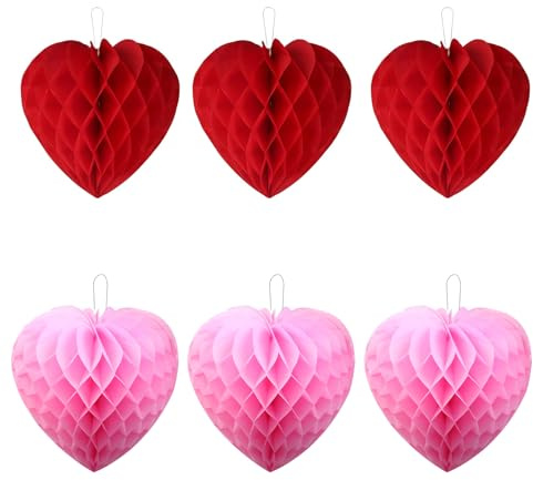 6pcs Pink Red Heart Paper Honeycomb Pom Poms, Valentines Decorations | Diameter 20cm, for Wedding Engagement Birthday Party Romantic Decorations, Room Ceiling Decorations Supplies Photo Props