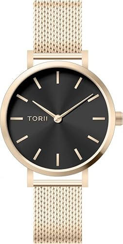 TORII Damenuhr Schwarz Edelstahl - rund Quarz L34LS.BL Milanaise-Armband Strichindizes wasserdicht 50 m
