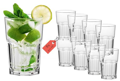 Lot de 8 verres à mojito réutilisables en Tritan 410 ml – Robustes, incassables et sans BPA – Design transparent 120 mm x 83 mm, idéal pour les cocktails, la piscine et le camping