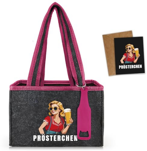 Giftota Witzige Geschenke Bier Frauen, Flaschentasche mit Flaschenöffne und Karte, für 6 Bierflaschen, Wiederverwendbare Handtasche, Bierliebhaber Geschenkideen für Mama Freundin, PRÖSTERCHEN