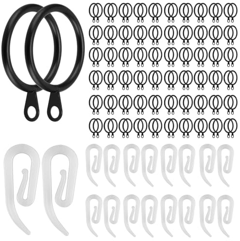 JEUIHAU 150 Pack Curtain Rings and Hooks, 30 mm Metal Drapery Curtain Hanging Rings with Plastic Hooks for Window, Door and Shower, Black