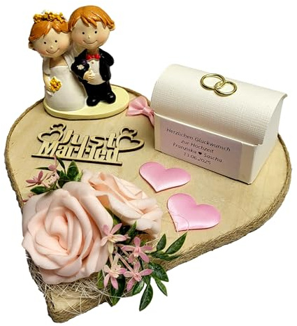 Romantische Geldgeschenk Verpackung zur Hochzeit, Holzherz mit Rosen, 20 cm, Rosa