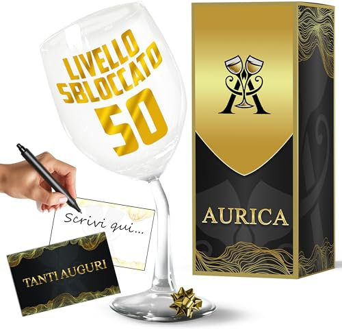 Aurica Calice Vino Personalizzato LIVELLO SBLOCCATO 50 – Regala Il Bicchiere Piegato Per Festeggiare Mezzo Secolo Con Un Brindisi Memorabile! Regalo Elegante E Divertente Con Confezione Regalo Inclusa