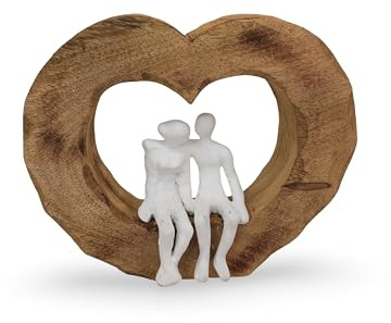 Elm home and garden Mango Wood and Aluminium Couple in Heart Sculpture - Handcrafted Romantic Ornament for Home Décor - Natural and White Finish - 26x23x9cm