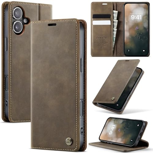 Cracedily Wallet Case for iPhone 16 Leather Wallet Flip Cover with Card Holder, Kickstand, Magnetic Closure, RFID Blocking TPU Shockproof Phone Case Compatible with iPhone 16, Coffee