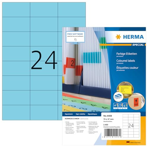 HERMA Self Adhesive Coloured Labels, 24 Labels per A4 Sheet, 100 Sheets, 70 x 37 mm, 2400 Labels, Blank Colour Labels Stickers, Sticky Labels for Laser & Inkjet Printer, Blue