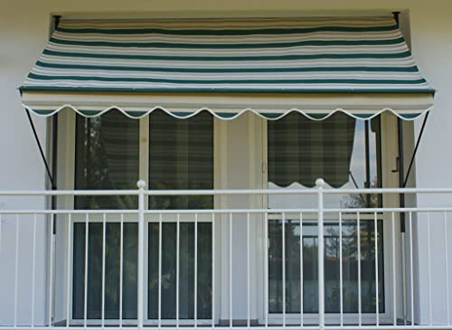 Angerer Klemmmarkise Exklusiv mit Handkurbel, Terrasse/Balkon, einfache Montage ohne Bohren, Made in Germany, hochwertiger Stoff, UV-beständig, höhenverstellbar, wasserabweisend, 300 cm Grün-Beige
