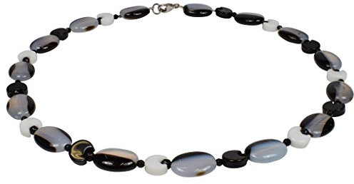 Funk-Collier Edelstein Kette Mond Achat mit schwarzen und weissen Mond-Elementen, ca. 47 cm, 925oo Silber