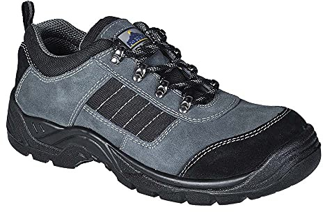 Portwest FW64 Steel Cow Suede Leather Low Shoe Back Pull-Tab Padded Collar | Black, 10.5, S1P EN ISO 20345, CE Certified, Regular Fit, 3D Breathable Mesh Lining, Anti-Static Footwear, Slip Oil Resistant