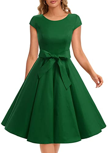 Dressystar Damen Vintage 50er Cap Sleeves Dot Einfarbig Rockabilly Swing Kleider