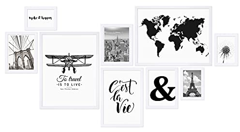 PHOTOLINI weiße Bilderrahmen Set verschiedene Größen, 9 Bilderrahmen weiß Holz MDF, Bilder Rahmen mit Acrylglas, Bilderrahmenset zum Aufhängen, Fotorahmen Set mit Zubehör für Fotos & Poster