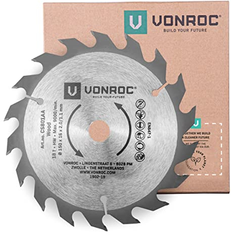 VONROC Lames de Scie Circulaire 18 Dents - 150 mm x 16 mm - Coupe Rapide et Net pour Bois - Universelles pour Scies Circulaires à Batterie - Précis, Efficace et Polyvalent