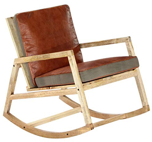 Festnight Schaukelsessel mit Armlehnen Schaukelstuhl Relaxsessel Braun Echtleder und Massivholz Mango 57 x 85 x 75 cm