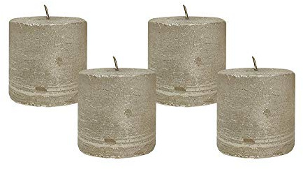 4 Rustic Stumpenkerzen Premium Kerze Silber-Gold lackiert 5x5cm - 15 Std Brenndauer