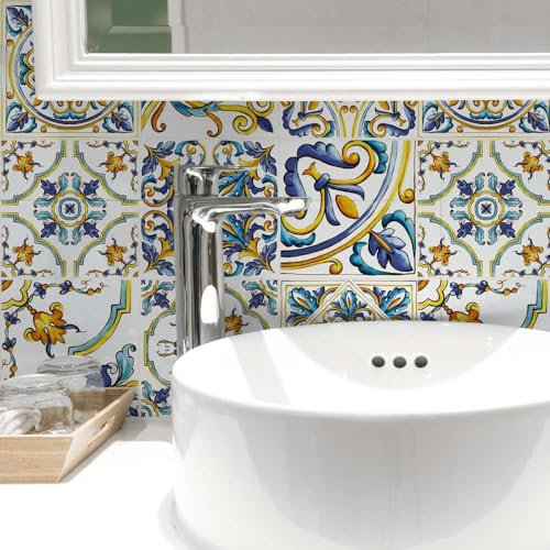 RE-COVERTILES - Adesivi per Piastrelle Bagno e Cucina 12 Pz 15x15 cm - PS00079 Decorazione murale in PVC impermeabile mattonelle mosaico stile cementine Azulejos