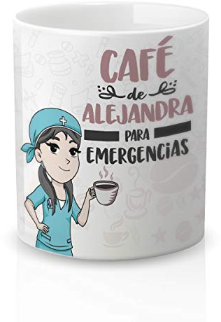 Yujuuu! | Taza Personalizable con Nombre | Taza cerámica para regalo original Profesión Enfermera. RESISTENTE 100% al microondas y lavavajillas. (Diseño 07) Frase café para emergencias