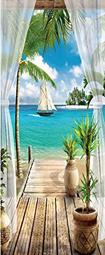 A.Monamour Türtapete Selbstklebend Türfolie Türposter 3D Tropischer Meerblick Aus Dem Fenster Vinyl Folie Türdeko Tapete Wandbild Türaufkleber Türtattoo 85 x 200 cm