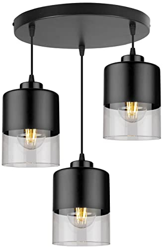 Light-Home Rome Lampenschirm Hängelampe Hängeleuchte - Deckenlampe Industrial für Wohnzimmer Schlafzimmer und Esszimmer - Pendelleuchte Glas mit Metall - 3-Flammig - Schwarz