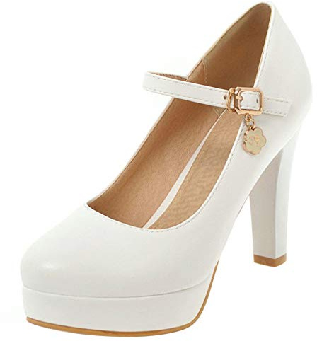 Décolleté Donna, Mary Jane Tacco a Blocco Eleganti Scarpe da Sposa Tacco Alto Punta Rotonda con Plateau Fibbia Bianco Numero 34 EU