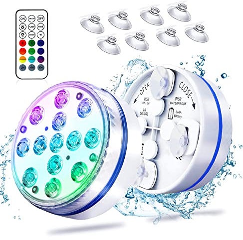 WANGCL Tauchbare LED-Poolleuchten für oberirdische Pools, IP68, wasserdicht, Bodenlicht, Unterwasser mit Fernbedienung, RF (61 m), 16 RGB-dynamische Farben (2 Stück)