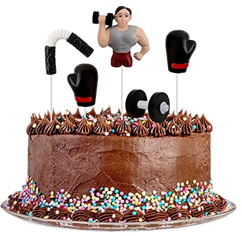 5 Stück Harz 3D Gewichtheben Workout Tortenaufsätze Mit Langhantel, Boxhandschuhen, Nunchaku - Bodybuilding Tortendekoration Fitness Gym Thema für Geburtstagsfeierzubehör