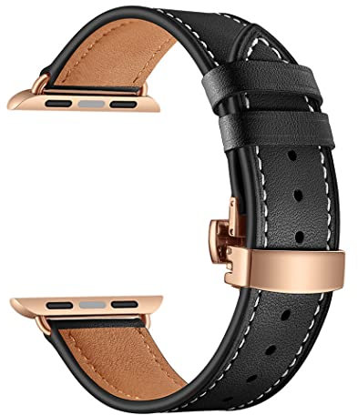 Correa de cuero para Apple Watch Band 45mm 44mm 42mm 49mm Correa de cuero genuino Pulsera de repuesto para iwatch Ultra Series 8 7 6 SE 5 4 3 2 1, Botón Rosa Negro