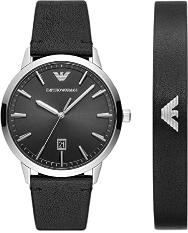Emporio Armani Uhr für Herren , DreizeigerDatumswerk, 43MM Schwarzes Edelstahlgehäuse mit Lederarmband, AR80064SET
