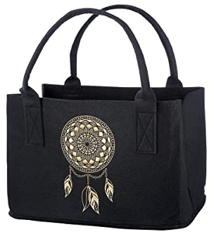 MF Filztasche in Schwarz Traumfänger Shopper Tragetasche, Handtasche, Geschenk, Einkaufstasche mit besticktem Motiv in goldfarben Filz