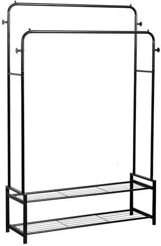 Direct Online Houseware Metal Clothing Rack with Double Hanging Bars and Shelves – Freestanding Wardrobe Organizer for Clothes, Shoes & Accessories, 60KG Weight Capacity