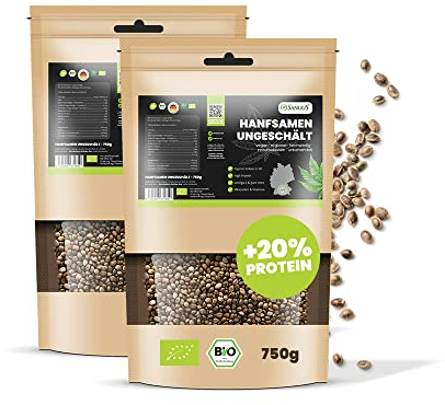 SANUUS Bio Hanfsamen ungeschält 2x750g - Naturland Hanfsamen ungeschält Bio aus Nutzhanf - Superfood Hanf Samen aus Deutschland Protein, Vitamine & ballaststoffreich für Porridge, Müsli & Bowls