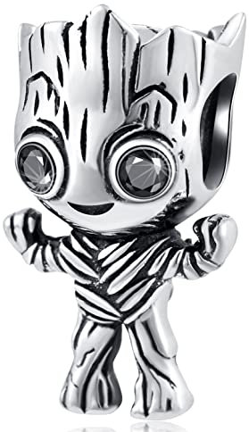 Tree Man Groot Charms fit Pandora Galaxy Bracelet, 925 Sterling Silver I am Baby Groot Monster Beads with Black Eye CZ, Gifts for Cousin/Super Hero/Graduation/Valentines Day