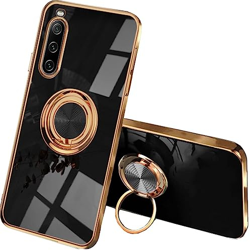 SEAHAI Hülle für Sony Xperia 10 V, Galvanik Phnom Penh Design Ultra Dünn Glänzend Weich Silikon TPU Stoßfest Handyhülle Cover Schutzhülle mit 360 Grad Ring Ständer, Schwarz