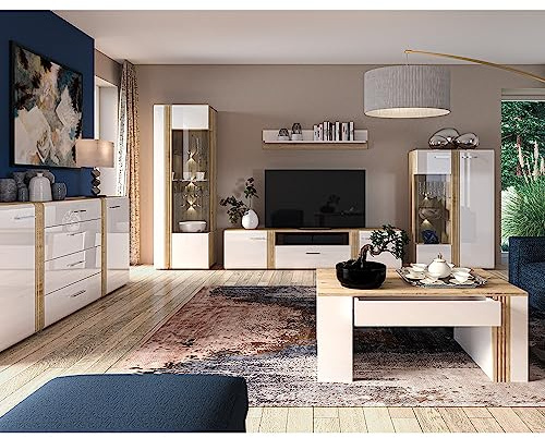Wohnwand Anbauwand Fernsehwand TV Wand in Eiche Nb. modern mit Fronten in Hochglanz weiß 6-teilig, Vitrinenschrank, TV-Lowboard, Highboard, Wandregal, Couchtisch und Sideboard, inkl. LED Beleuchtung
