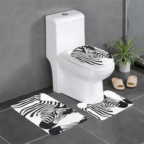 OdDdot 3-teiliges Badezimmerteppich-Set aus Plüsch, mit Zebramuster, weich, rutschfeste Badematten, U-förmige WC-Vorleger und Duschvorleger